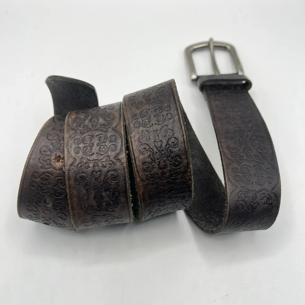 Embossed Tooled Scrolling Genuine Leather Belt 35-40 Brown Western Boho Festival